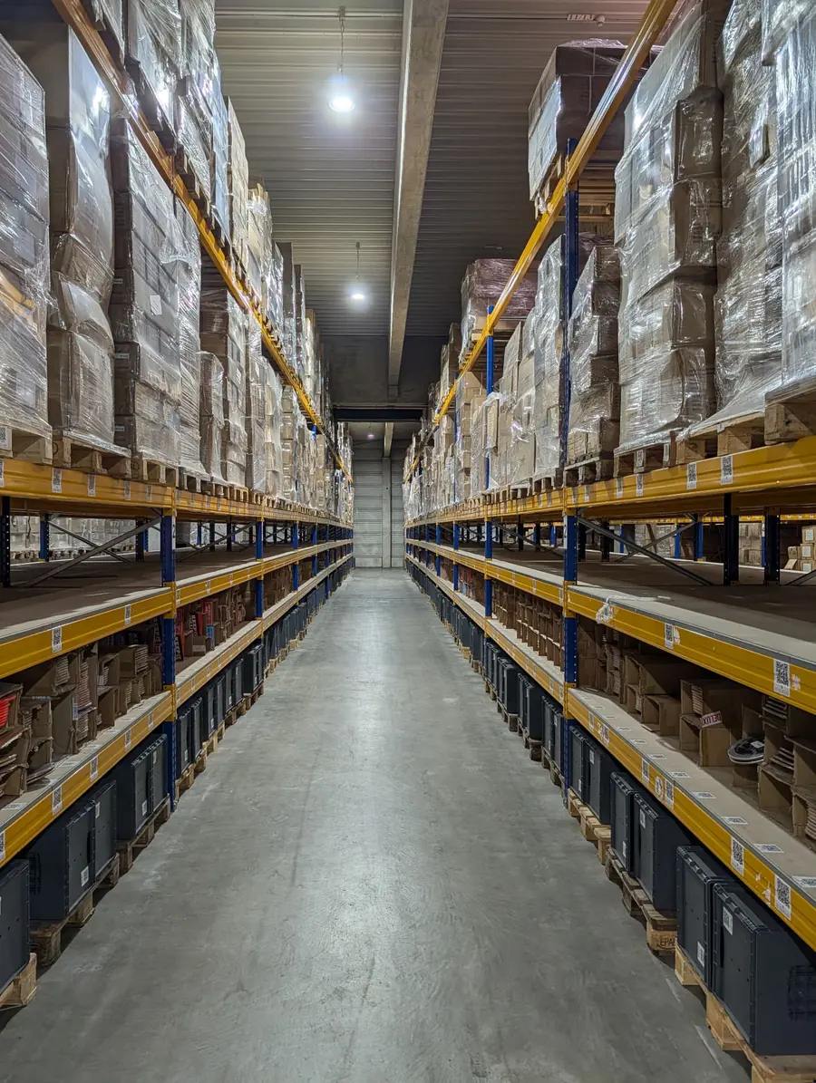 Paletten-Hochregallager mit verpackter Ware am Standort Eschwege